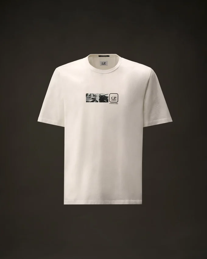 Metropolis Series: Kurzarm-T-Shirt aus merzerisiertem Jersey mit Stickerei auf dem Rücken