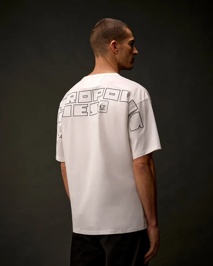 Metropolis Series: Kurzarm-T-Shirt aus merzerisiertem Jersey mit Stickerei auf dem Rücken